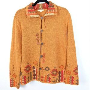 Vintage Orange Funky Floral Western  Aztec Embroidered Knit Cardigan sz Large